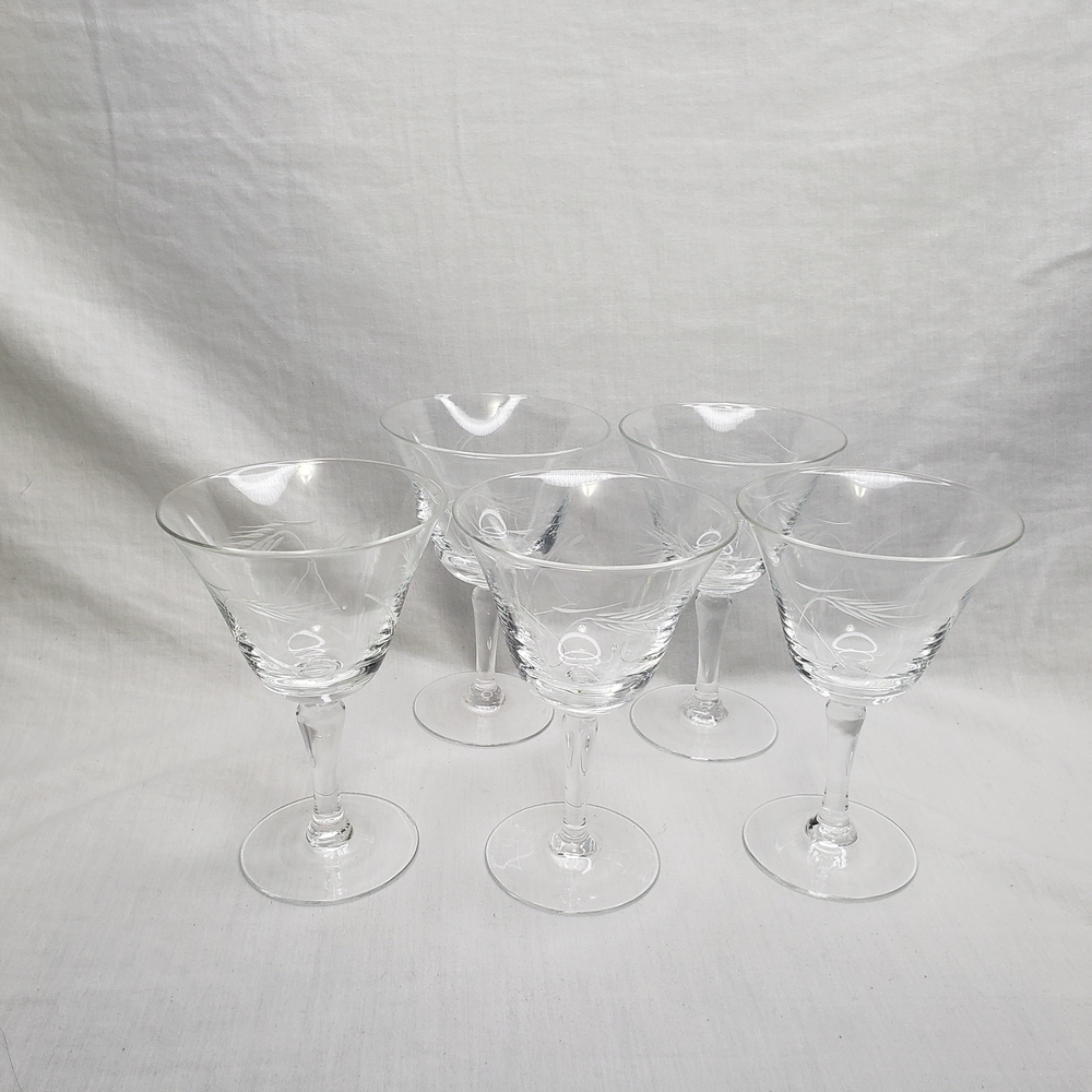Five Vintage MCM Etched Wheat Cordial Cocktail Glasses